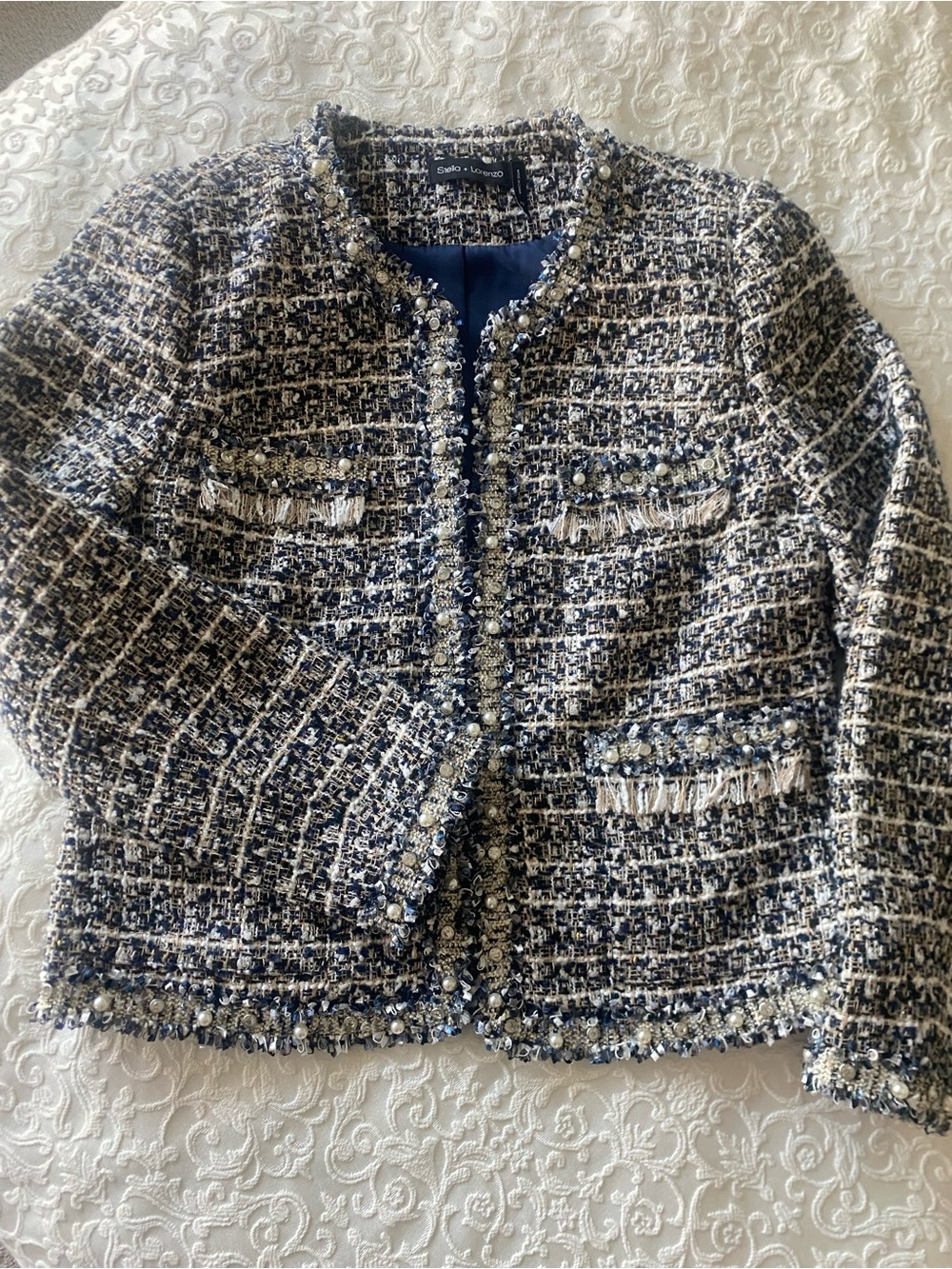 Stella + Lorenzo Navy and White Tweed Fringe Jacket/Blazer